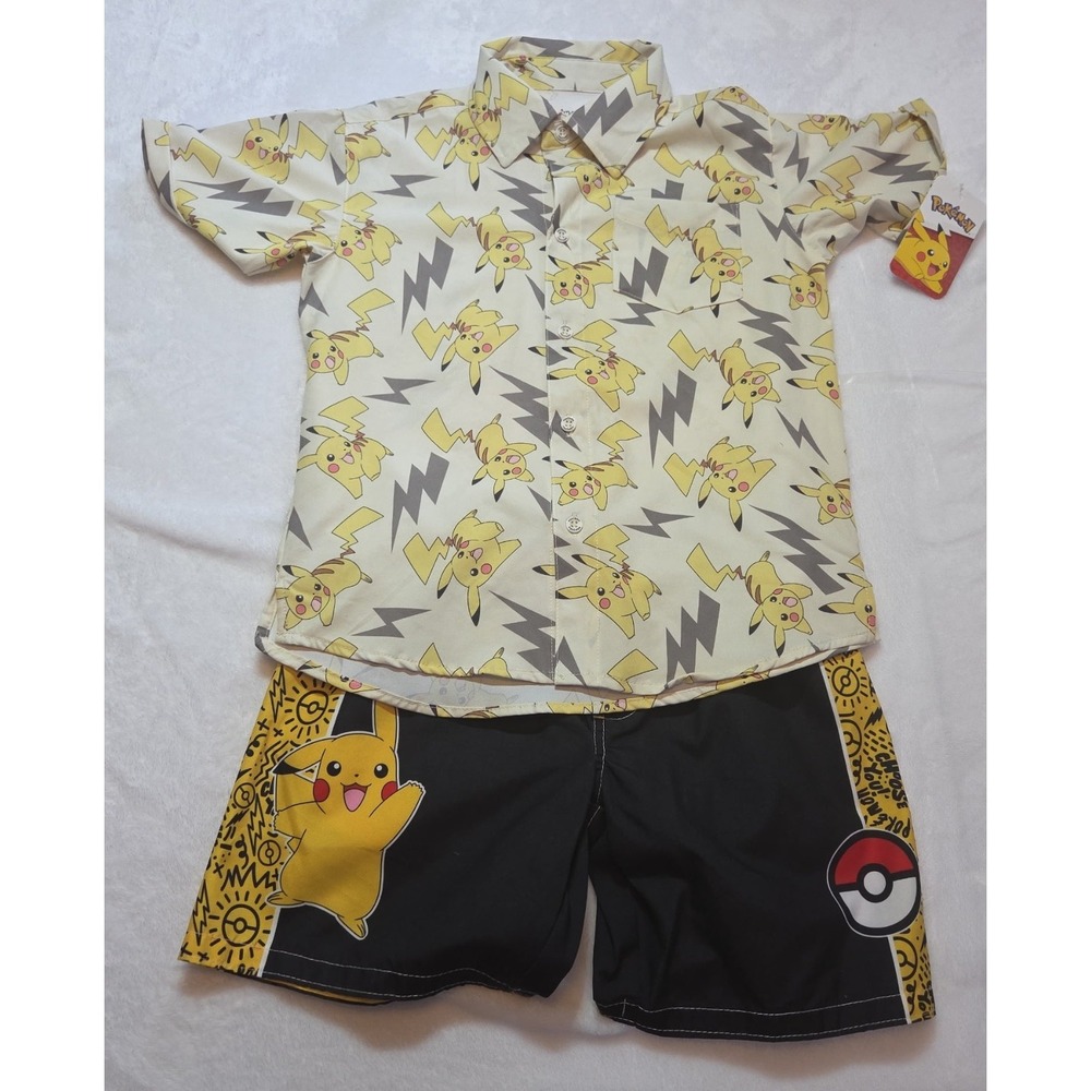 141- Pokemon Pikachu 2 Pc Button Up Shirt Swim Trunks Set Boys Size 8 NWT 2026